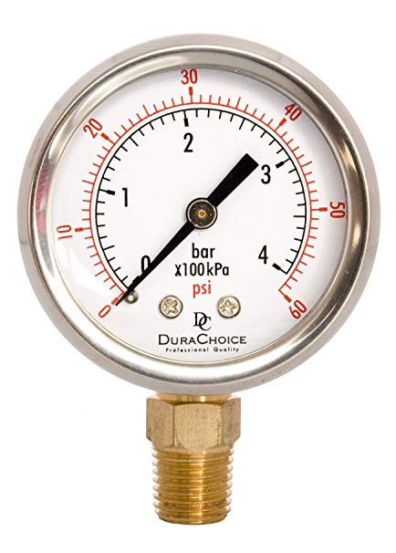 2" Oil Filled Pressure Gauge - Stainless Steel Case, Brass, 1/4" NPT, Lower Mount Connection, 0-60PSI