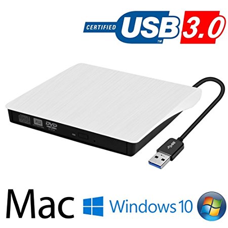 External DVD Drive,USB 3.0 CD/DVD RW Rewriter Burner All-aluminum Ultra Slim Portable DVD Burner for Laptop and Desktop PC Windows 10 and Linux OS Apple Mac Macbook Pro (White)