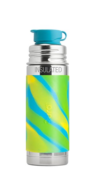 Pura Sport 9 OZ / 260 ml Stainless Steel Insulated Kids Bottle with Silicone Sport Flip Cap & Sleeve, Aqua Swirl (Plastic Free, Nontoxic Certified, Bpa Free)