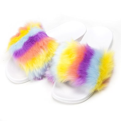 OCICI Girls Flat Slipper Flip Flop Faux Fur Soft Slide Slippers Women's Comfort Anti-Skid Sole Indoor Outdoor House Slippers-Rainbow