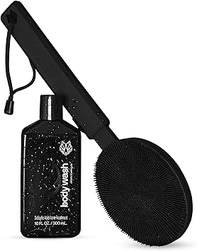 Black Wolf Body Wash & Sonic Scrubber Pro Kit for Men - Vibrating Face & Body Brush with Charcoal Powder Shower Gel, Water Resistant Massage Brush & Salicylic Acid Body Wash, Rich Lather & Deep Clean