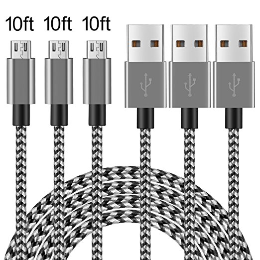 Micro USB Cable,Ant Saver 10FT High Charging Speed Nylon Braided Micro USB Cable for Android and Windows Smartphones-3 Pack -(Black Gray)
