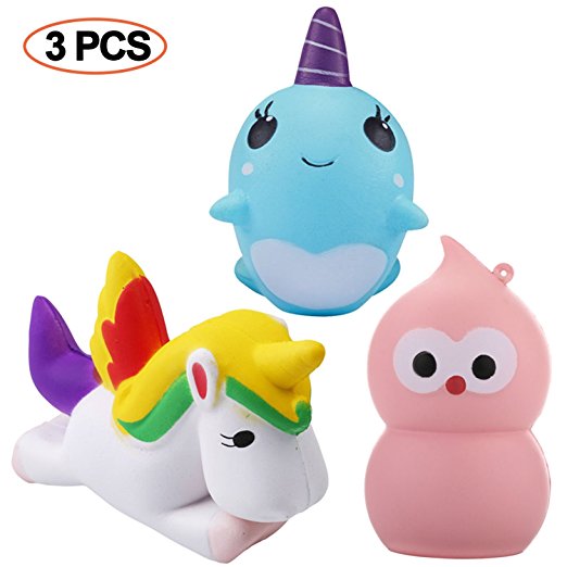 Squishy Toys 3 pcs, Acetek Cute Kawaii Soft Squishies Toy, Unicorn, Bird, Whale, Stress Relieve Squeeze Soft Lovely Toy Kids Gift Fidget Toy Slow Rising Key Chain Charms Pendent Decoration