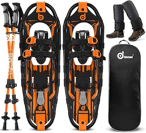 Odoland Lightweight 21/25/30 Inches Snowshoes for Men Women Youth Kids, Aluminum Alloy Terrain Snow Shoes Set with Trekking Poles Snow Leg Gaiters and Carrying Tote Bag