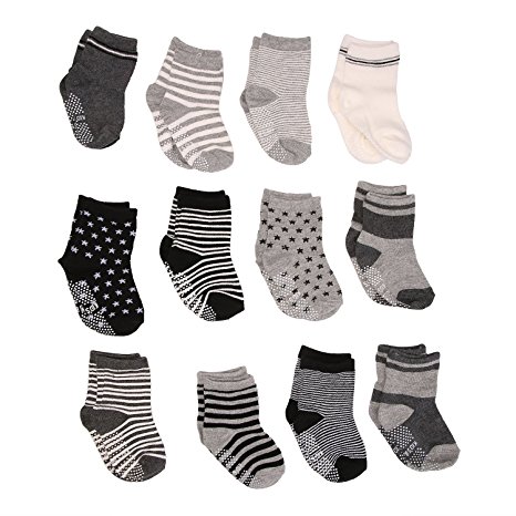 12 Pairs Anti-slip Soft Cotton Baby Kid Socks for 1-3 /12-36 Months Years Baby 3.5''-4.7'' Cute Cartoon Boys Girls Toddler Socks Random Color Non-Skid Knit Infants Socks
