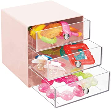 mDesign Plastic Accessory 3 Drawer Cube Box Storage Organizer Station for Baby/Kids Bedroom, Changing Table, Nursery or Playroom - Organization for Diaper Creams, Ointments, Supplies, Light Pink/Clear