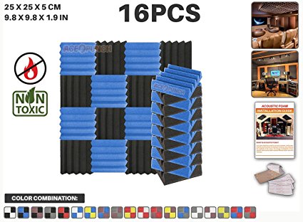 Ace Punch 16 pcs BLUE and BLACK Wedge Studio Foam Panel Sound Insulation Acoustic Treatment Soundproofing Wall Tiles with Free Mounting Tabs 25 x 25 x 5 cm AP1134