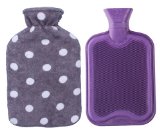 Premium Classic Rubber Hot Water Bottle with Soft Fleece Cover 2 Liters Purple  Gray Polka Dot