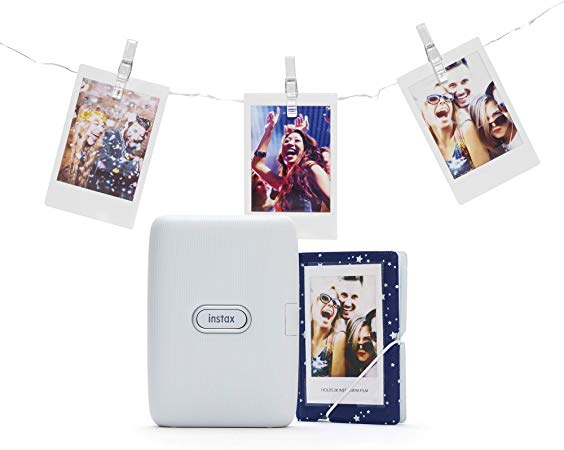 instax Link Smartphone Printer Bundle with Pegs and Led Lights Plus Photo Album, Ash White