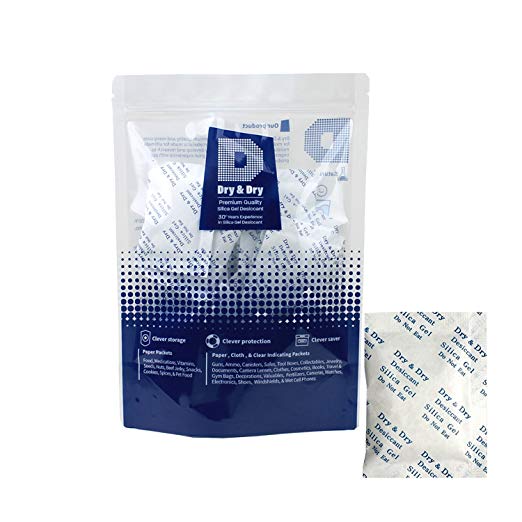 Dry & Dry 10 Gram [20 Packets] Premium Pure & Safe Silica Gel Packets Desiccant Dehumidifier - Food Safe Rechargeable(FDA Compliant) Silica Packets for Moisture