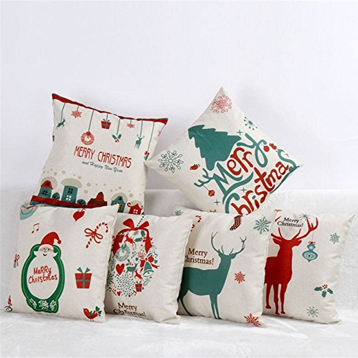 Tailbox Merry Christmas Series Cotton Linen Square Decorative Throw Pillow Case Cushion Cover 18 "X 18 "(Set of 6)