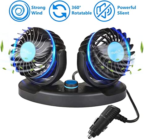 HueLiv Car Fan 12V Electric Cooling Fan with 360 ° Adjustable Dual Head Fan with Cigarette Lighter, Powerful Silent and Stepless Speed Change, Summer Cooling for Car Truck Van SUV RV Boat