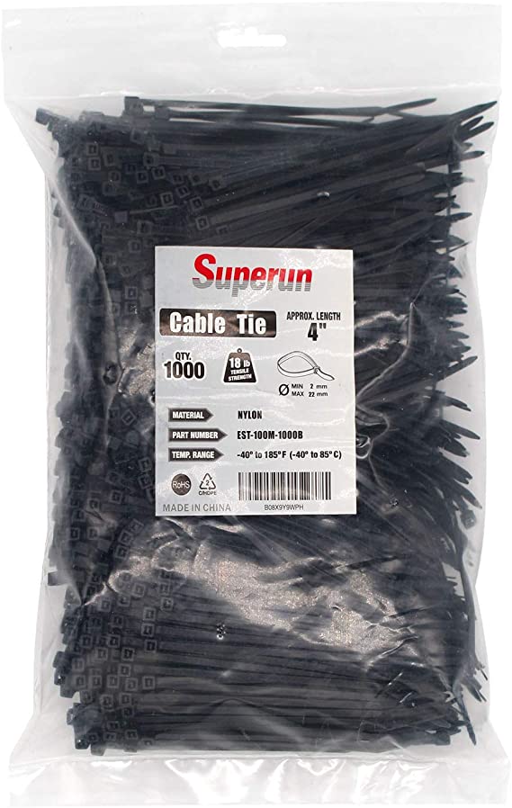 Superun 4 Inch Selflocking Zip Ties, 18 Lbs Tensile Strength Wire Ties (Industrial Grade Cable Ties) Pack of 1000 Black