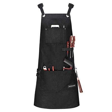 Housolution Work Apron, Multipurpose Heavy Duty Waxed Canvas Waterproof Oil-resistant Tools Apron with Tool Pockets for Woodworking Crafting Painting etc, Cross-Back Straps, Adjustable M to XXL, Black etc, Cross-Back Straps, Adjustable M to XXL, Black