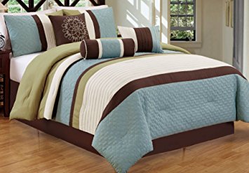 Dovedote Gorman Hills Strips Comforter Set, California King, Light Blue Green Coffee,7 Piece