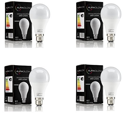 AURAGLOW 13w LED B22 Bayonet Light Bulb, Warm White, 75w Equivalent - 1055 Lumens - DIMMABLE - Four Pack