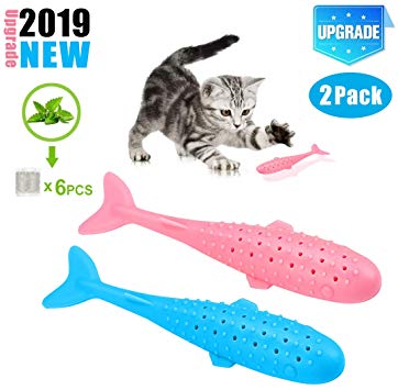 【2019 New】Pet Cat Fish Shape Toothbrush with Catnip Toys，Simulation Silicone Fish Flop Cleaning Grinding Claw Chew Pet Supplies Pet Eco-Friendly Silicone Molar Stick Teeth Cleaning Toy (pink blue)