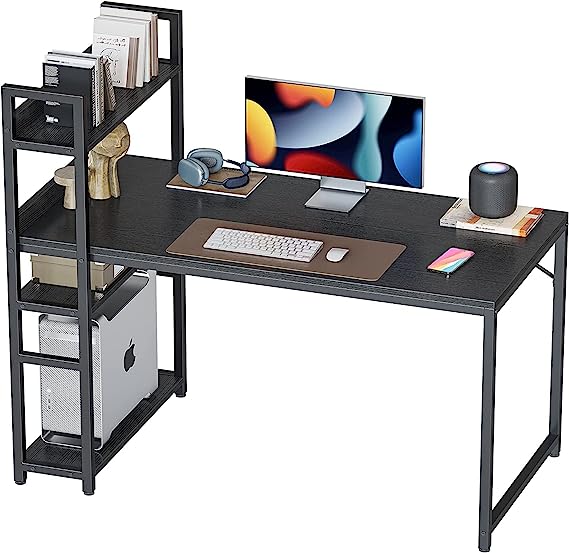 CubiCubi Computer Desk with 4 Tier Storage Shelves on Left or Right, 140x60x117 cm Study Writing Table with Bookshelf for Home Office, Modern Simple Style, Steel Frame, Black