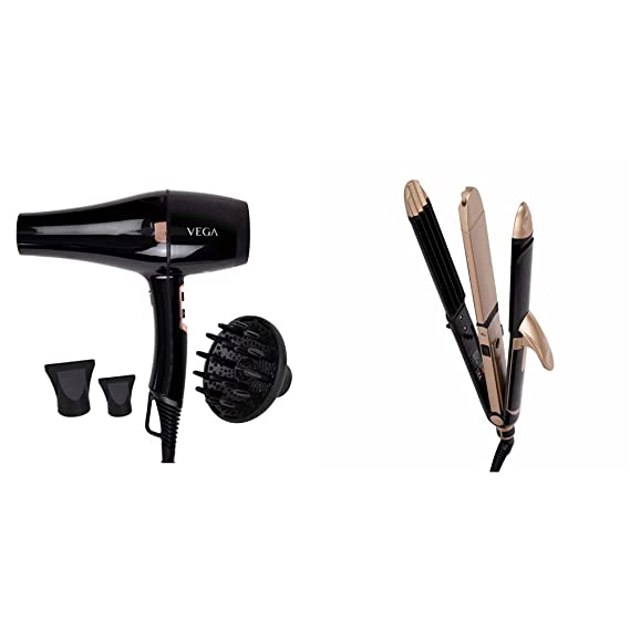 VEGA Pro-Xpert 2200 Watts Professional Hair Dryer with Diffuser & 2 Detachable Nozzles (VHDP-03) Black & 3 in 1 Hair Styler, Straightener, Curler & Crimper (VHSCC-01), Black