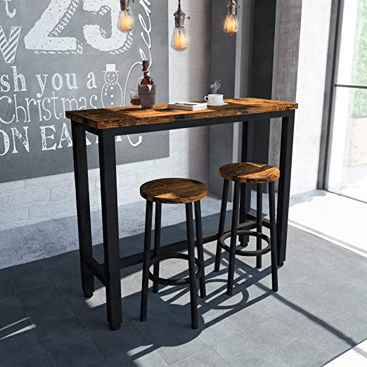 Bar Table Set-3PCS Kitchen Counter-Dining Table with 2 Stools, for Home-Farmhouse-Restaurant-Cafe-Kitchen-Dining, Artificial Wood Top & Sturdy Steel Frame, Rustic Brown (39'' Rectangle Bar Table)