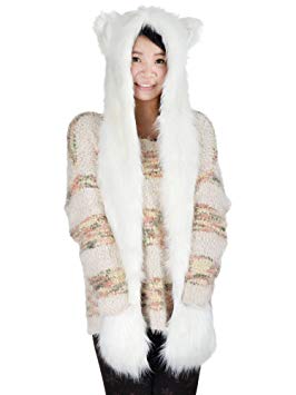 Polar Bear Hood Plush Full Hats Hoodie Scarf Pocket 3 in 1 Function