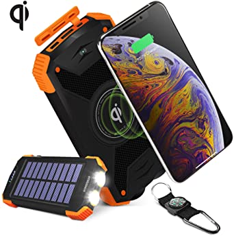 HyperGear Solar Wireless 10000mAh Portable Charger [Built-in Wireless Charging Pad,Solar Charging Panel,2 high-speed USB Ports,LED Flashlight,Compass]