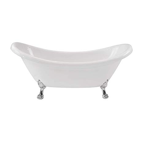 MAYKKE Mona 71" Traditional Oval Acrylic Freestanding Clawfoot Tub | White Double Slipper Bathtub with Feet in Polished Chrome Finish for Bathroom, Shower | Drain Included, cUPC certified | XDA1412001