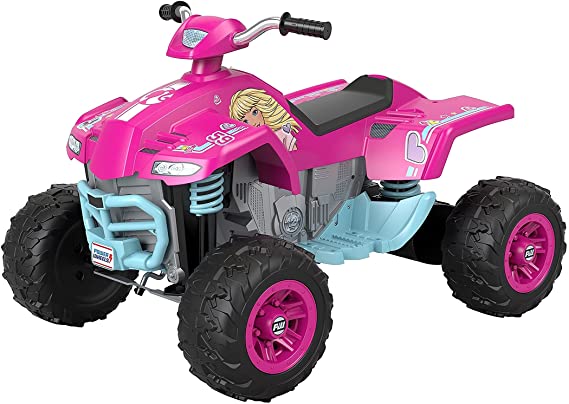 Power Wheels Barbie Pink Racing ATV, 12-V Battery Powered Ride-on Vehicle for Preschool Kids Ages 3-7 Years