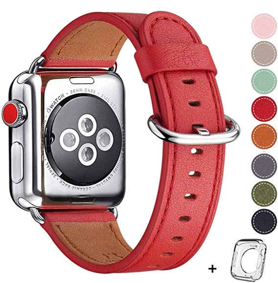 Compatible iWatch Band 38mm 40mm Genuine Leather Band Replacement Compatible with Apple for iWatch Series 5/4 /3/2 /1, Sport ， Edition, red Band (red Band Silver Buckle, 38mm40mm)