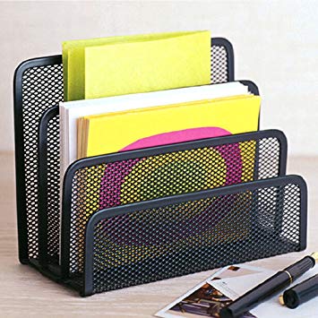 Desk Mail Organizer - HENGSHENG Small File Holders Letter Organizer Metal Mesh, Documen/Filing/Folders/Paper Organizer for Desktop - 3 Vertical Upright Compartments - Black