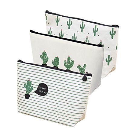 Demarkt 3 Pcs Cactus Pencil Case Canvas Pencil Bag Stationary with Zipper Multifunctional Pencil Pouch Cosmetic Bag Purse for Teenager Girls