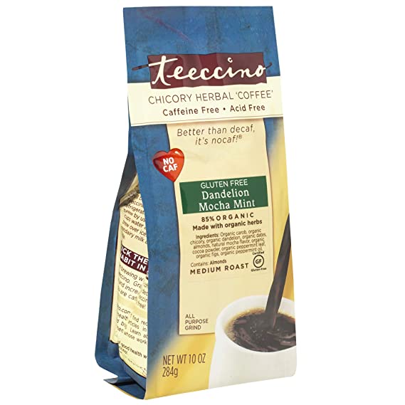 Teeccino Dandelion Coffee Alternative – Mocha Mint – Organic Dandelion Root, Prebiotic, Caffeine Free, Gluten Free, Acid Free, Brew Like Loose Leaf Herbal Tea or Coffee, 10 Ounce