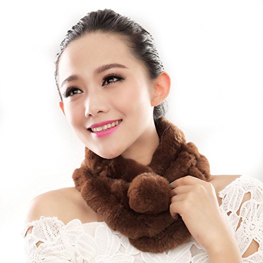 URSFUR Women Winter Fur Pull Through Scarf Soft Rabbit Pom Neck Collar Scarves