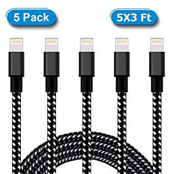 iPhone Charger MFi Certified,Lightning Cable 5Pack 3FT,Nylon Braided Fast Charger to Cable Data Syncing Cord Compatible with iPhone X XS XsMax XR 8 8Plus 7 7Plus 6S 6Splus 6 6Plus Se 5S 5(Black White)