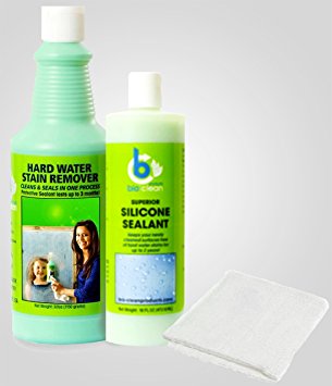 Hard Water Stain Remover(20oz) Sealant(16oz) & Magic Cloth.For tough Hard Water Stains caused by mineral deposits, acid rain, alkali.Cleans & Seals Glass Metal Boats Tile Porcelain Fiberglass & more!