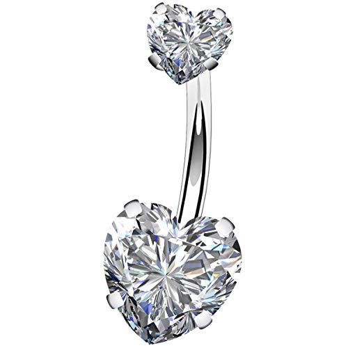 OUFER Surgical Steel Belly Bars Double Shiny Heart Cubic Zirconia Anti-Allergic 14G 1.6mm Navel Bar Barbells Ring …