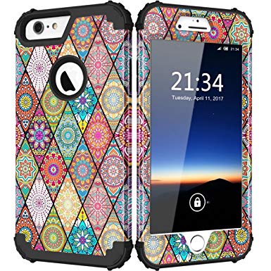 iPhone 6s Plus Case, Hocase Drop Protection Shockproof Silicone Rubber Bumper Hard Shell Hybrid Dual Layer Full-Body Protective Case for iPhone 6 Plus/iPhone 6s Plus 5.5" - Mandala Flowers/Black