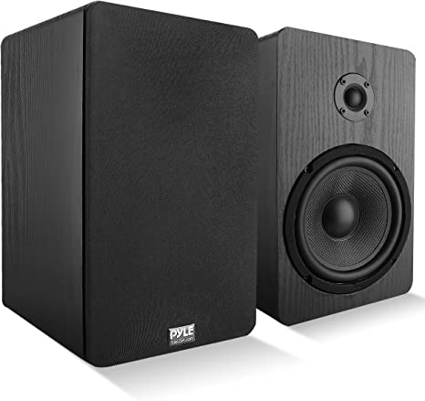 PyleUsa Home Theater Wooden Bookshelf Speakers - Wall-Mountable with 0.75'' Silk Dome Tweeter and Aluminum Voice Coils, Pair, Neat Black Color, Gold Plated 5 Way Binding Post - PSMSP6