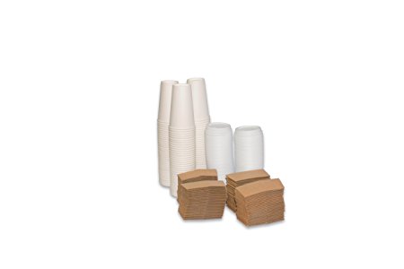2dayShip 100 Pack Paper Coffee Hot Cups WHITE with Travel Lids and Sleeves - 16OZ
