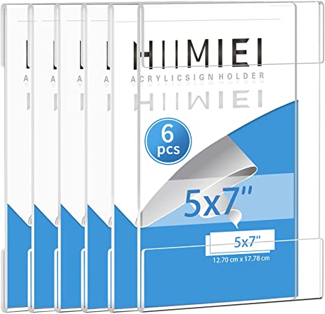 HIIMIEI Clear Acrylic Wall Mounted Sign Holder 5x7'' with 3M Tape Adhesive, 6 Pack Plastic Plexiglass Sign Holders for Office, Home, Store, Restaurant-No Drilling