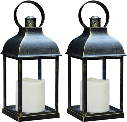 MammyGol 2-Pack 10" Vintage Decorative Lanterns with Timer - Outdoor Candle Lantern with LED Flickering Flameless Candles - Hanging Lanterns for Wedding Party Decoration