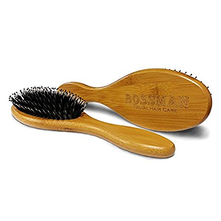 Boar’s Hair Beard / Hair Brush with Bamboo Wood Frame, Fortified with Massaging Nylon Bristles and Beads, Engraved Handle