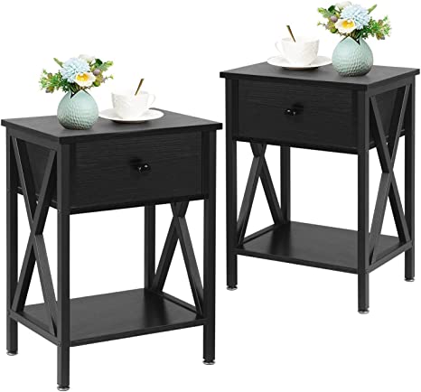 VECELO Versatile Nightstands X-Design Side End Table, Night Stand Storage Shelf with Drawer for Bedroom Office Lounge,Set of 2, B2, Black