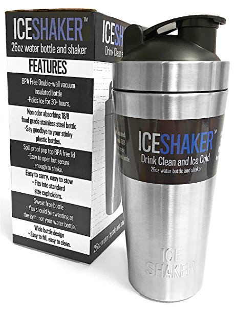 ICE SHAKER Stainless Steel Water Bottle Protein Mixing Cup Vacuum Insulated Double Wall Sweat Free w/ Pop Top Lid 26oz