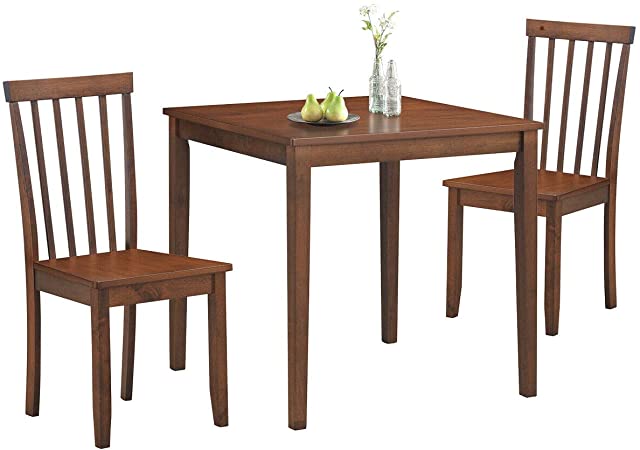 COSTWAY 3-Piece Kitchen Table Dining Set, Square Table & 2 Classic Chairs, Solid Rubber Wood Legs, Wide Table Top, Contemporary Design, Natural Texture, Smooth Walnut Finish, Easy Assembly