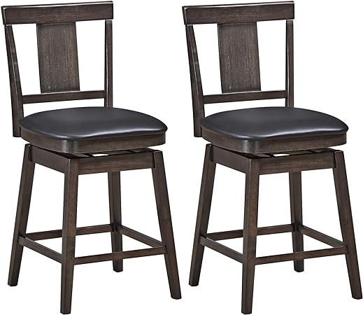 COSTWAY Bar Stools Set of 2, 360 Degree Swivel, Wooden Counter Height Bar Stool, Leather Padded Seat, Single Slat Back & Solid Rubber Wood Legs, Upholstered Stool for Dining and Living Room (2, 24)