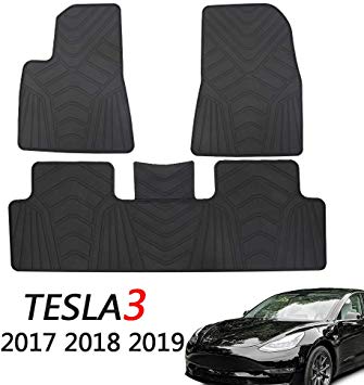 Tesla Model 3 Floor Mats Liners - Fit All Weather - Custom Heavy Duty & Flexible Eco-Friendly All Season Latex Material Made - Floor Protection All Season (Full Set Front & Rear)