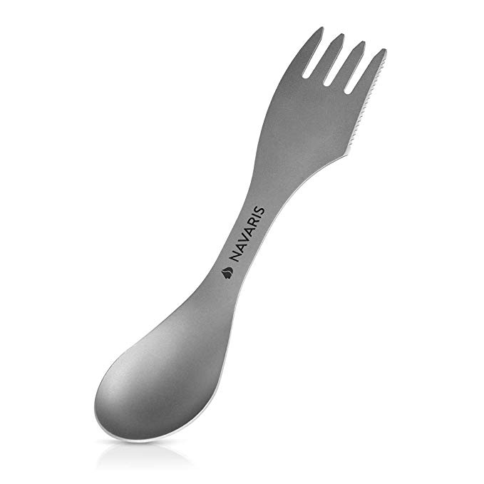 Navaris Titanium Spork Camping Utensil - 3-in-1 Fork, Spoon, Knife Cutlery Combo - Lightweight Metal Silverware for Backpacking, Hiking, Outdoors