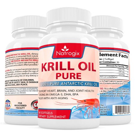 Natrogix 1000mg Antarctic Krill Oil with 540mg Omega-3, Real Highest Potency of Omega-3 Fatty Acids EPA & DHA on the Market with Third Party Lab Tested Certification (60 Count)