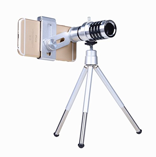 Phone Camera Lens Kit 12x Optical Zoom Universal Smartphone Telephoto Telescope Lens with Tripod Sliver (12x lens   tripod)